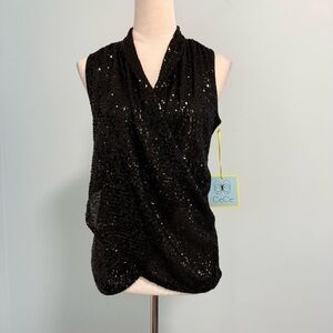 CeCe Black Sequin Sleeveless Wrap ‎ Cocktail Party Top Size S